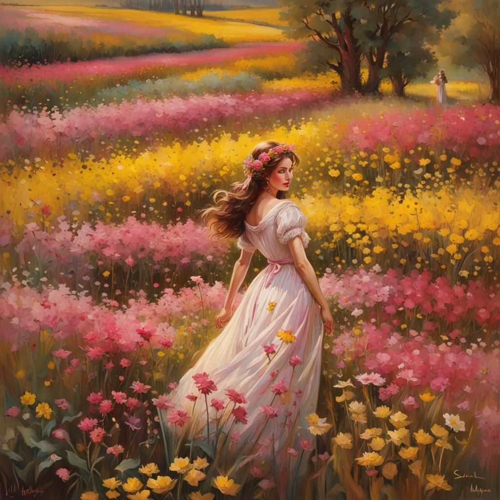 Beautiful Maiden Walking Through Field of Flowers