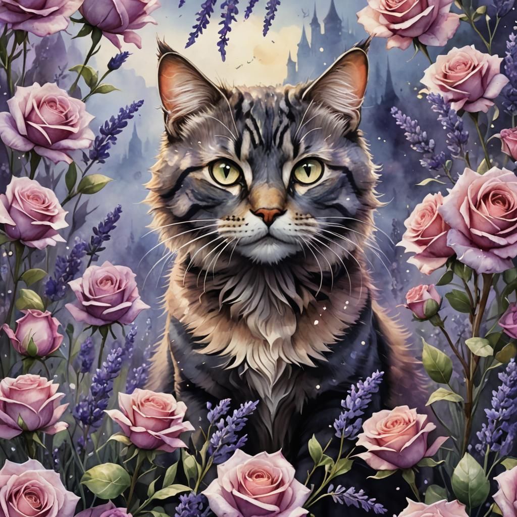 Cat with Lavender Roses in Watercolor Style