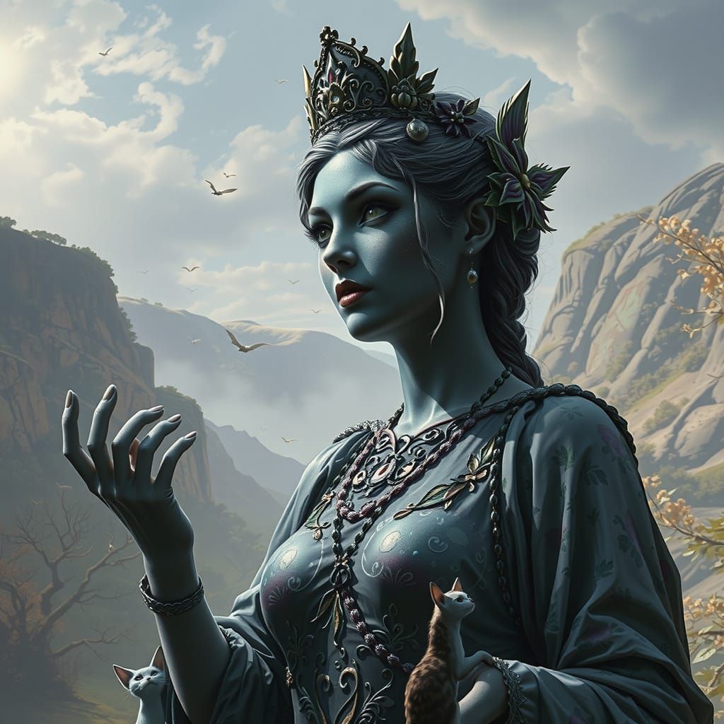 Whimsical Princess Surrounded by Cats in a Vibrant Forest