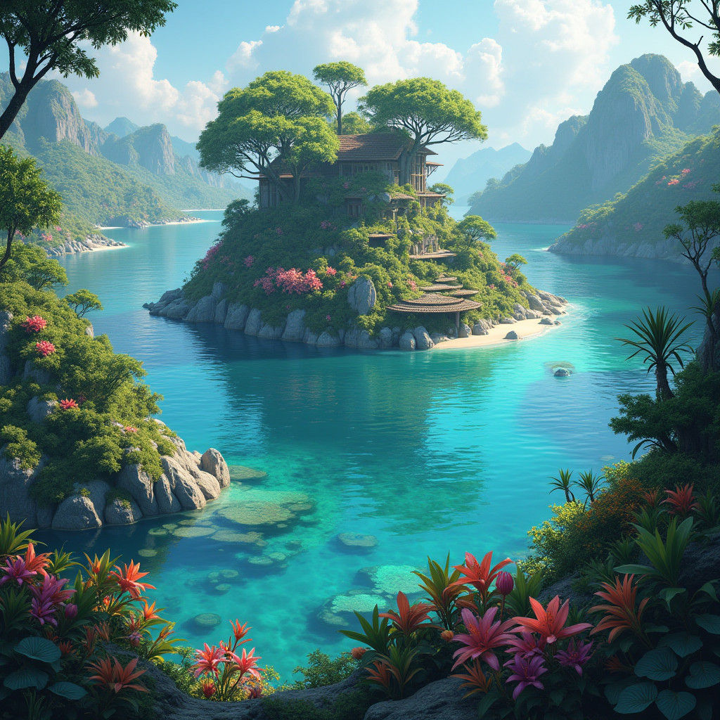 Mystical Island Oasis in a Winding River
