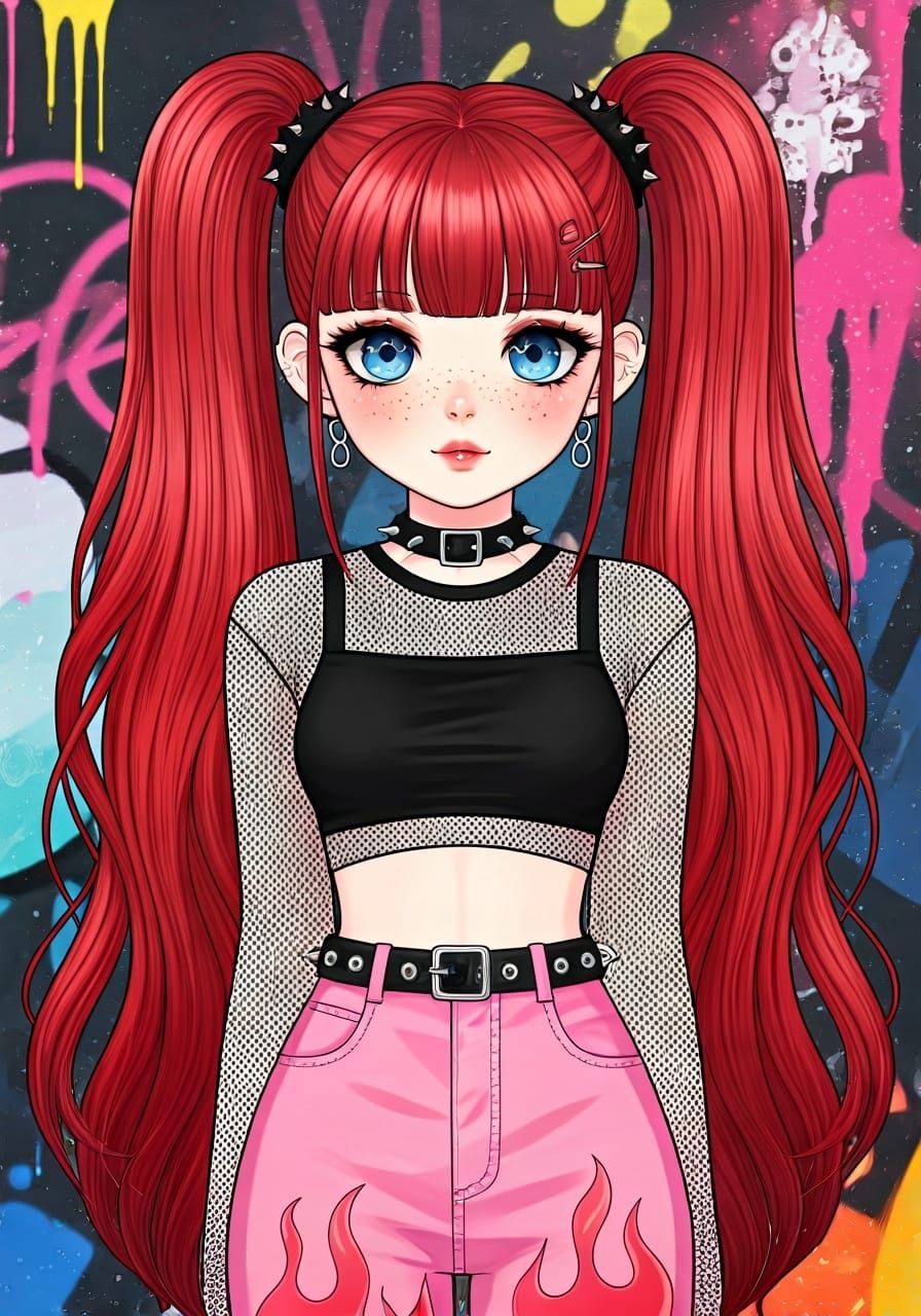 Kitsune Woman in Gothic Style with Graffiti Backdrop