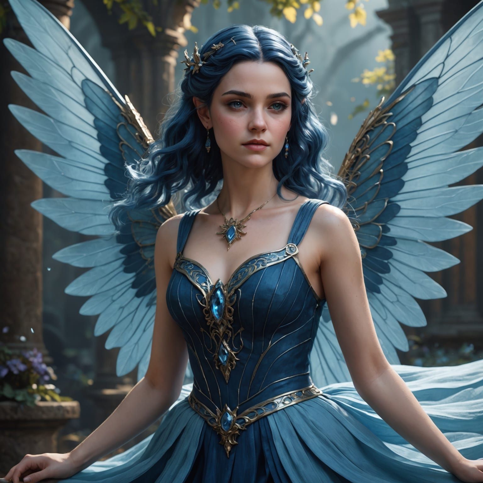 Fairy Portrait with Blue Hair and Wings