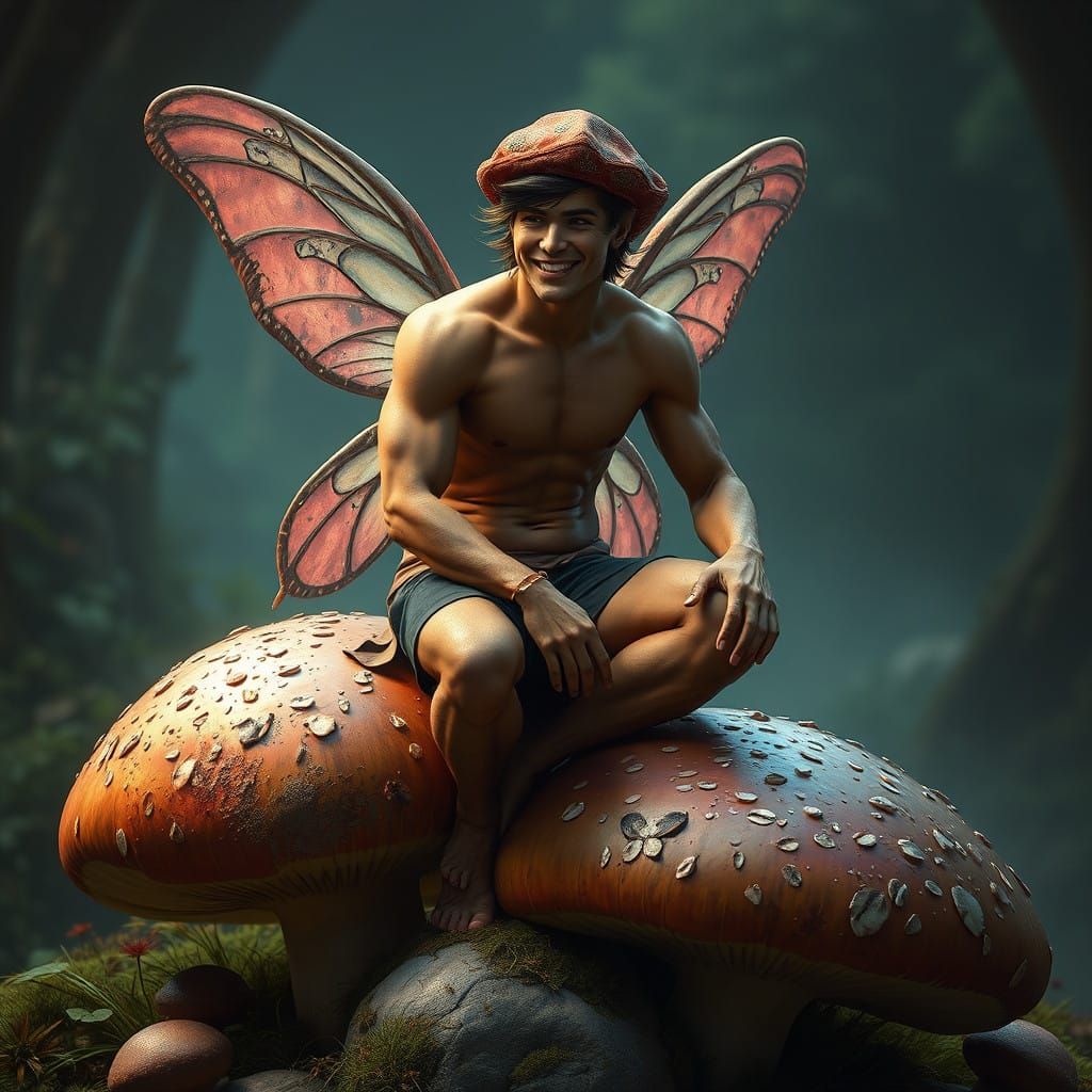 Fantasy Fairy Man on Mushrooms, Digital Art