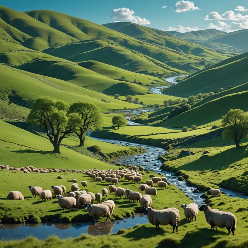 Green Valley with Sheep, Fantasy Concept Art