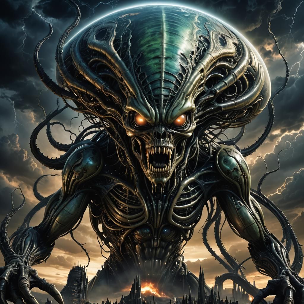 Giant Alien Over Earth in Surreal Biomechanical Art