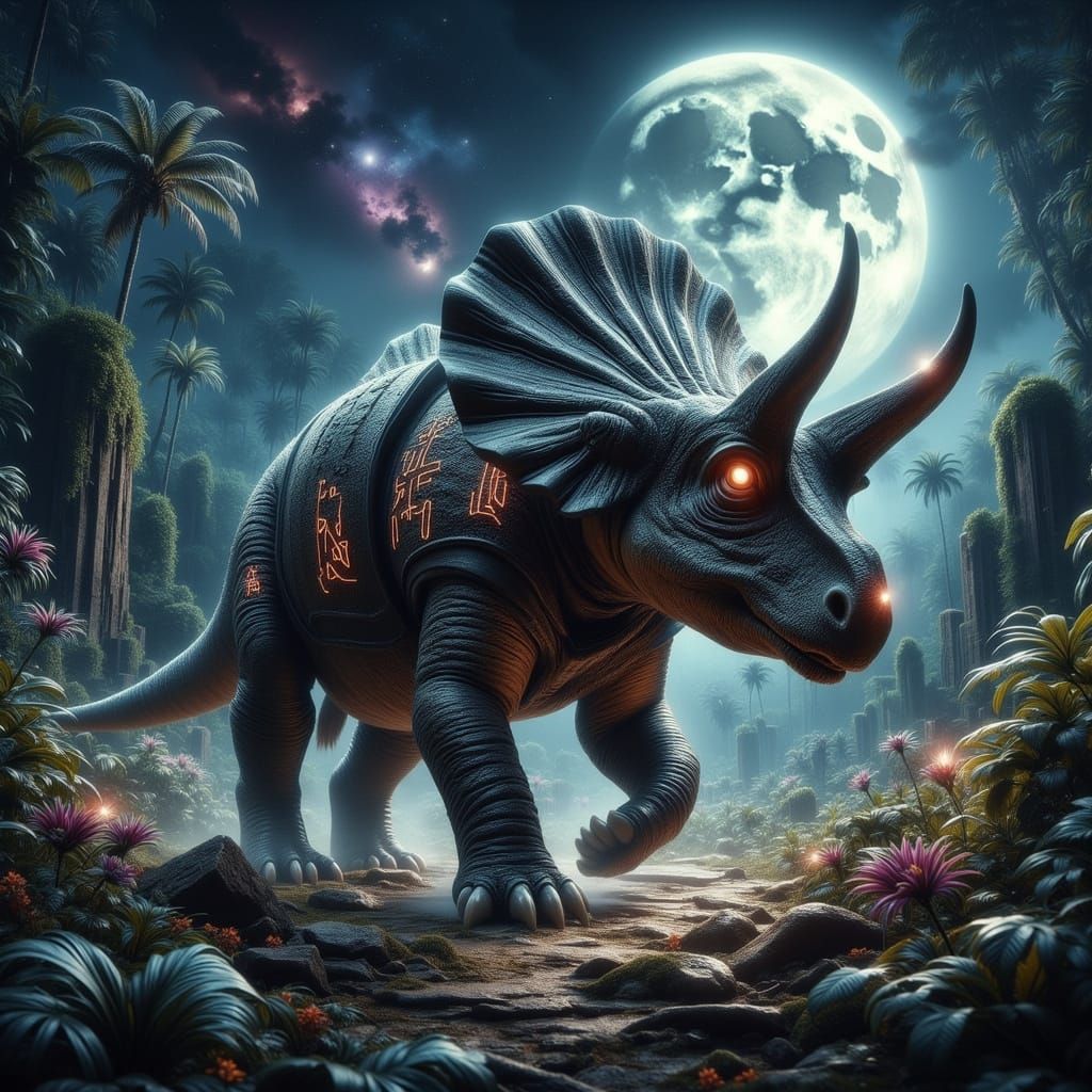 Armored Triceratops in Bioluminescent Temple Ruins