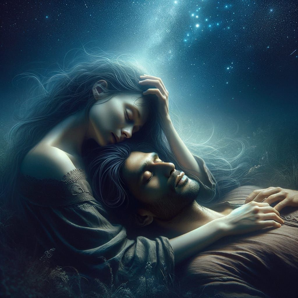 Soulful Digital Painting of Intimate Couple Under Starry Nig...