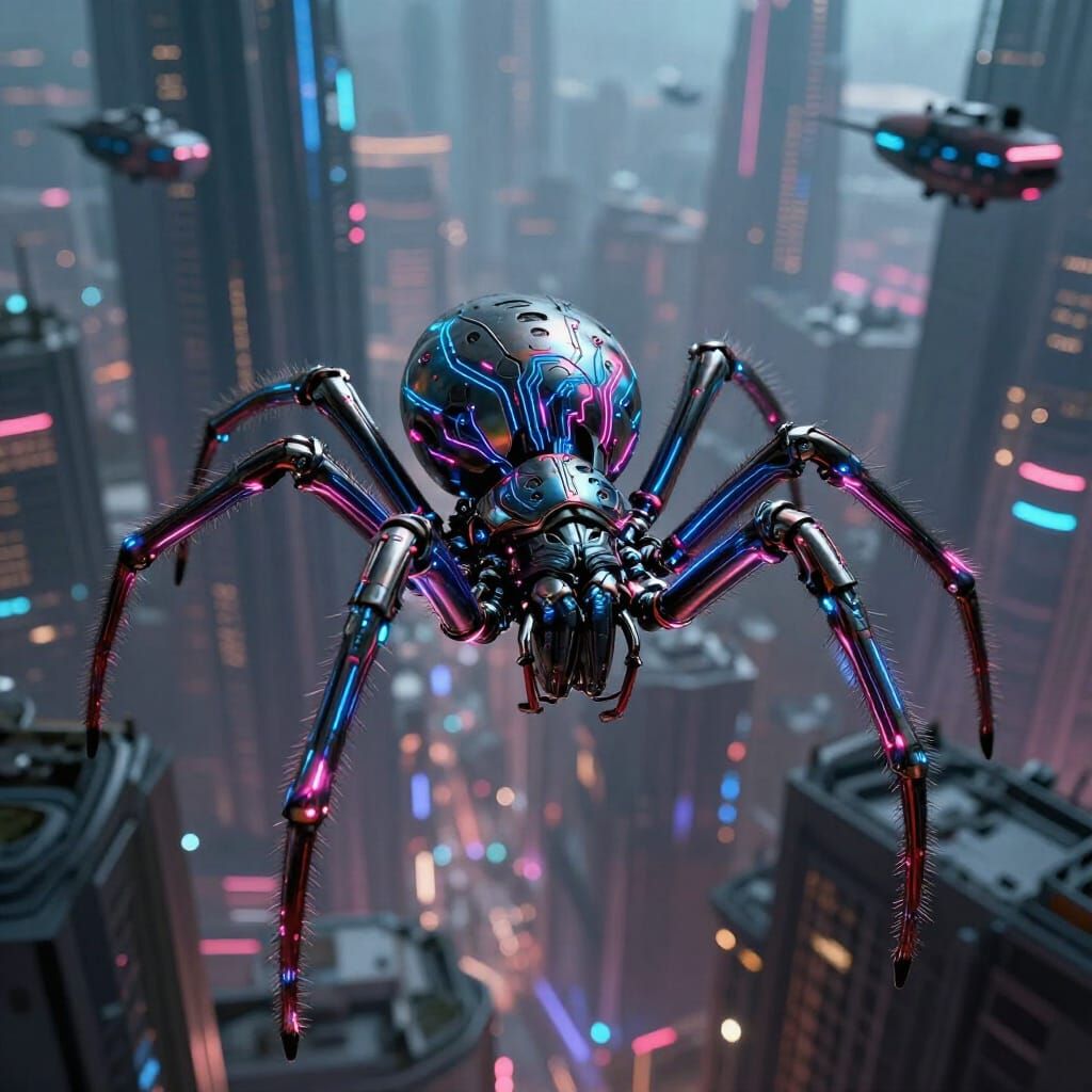 Cyberpunk Spider with Neon Circuits in Dystopian City