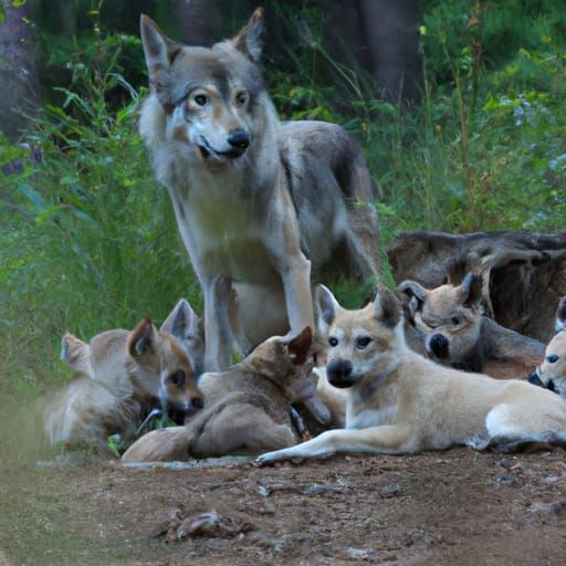 Protective Mother Wolf with Nine Pups