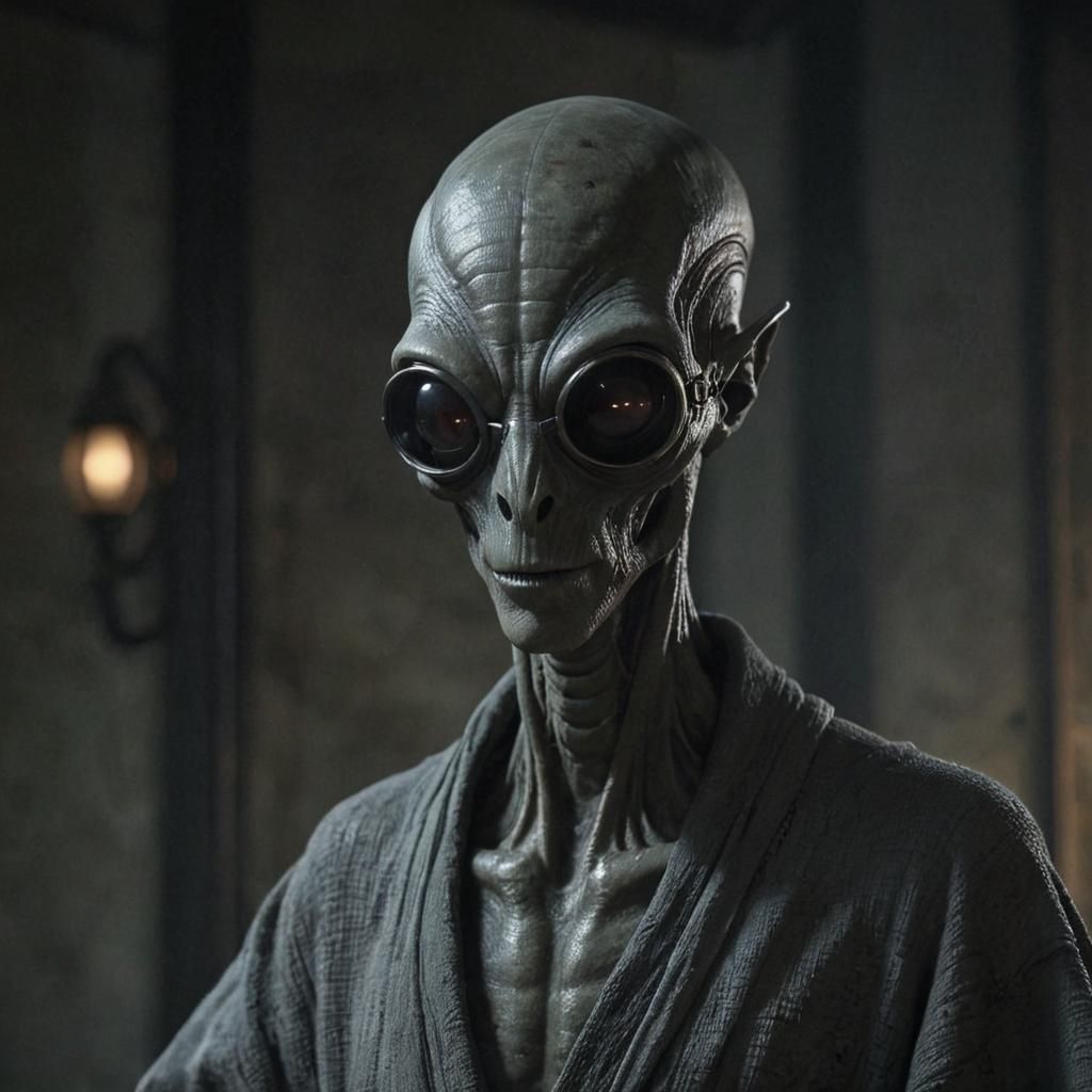 Mysterious Alien Portrait with Goggles as Oil Painting