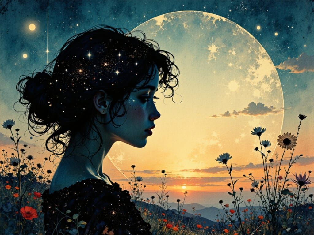 Woman Silhouette Against Cosmic Starry Sky