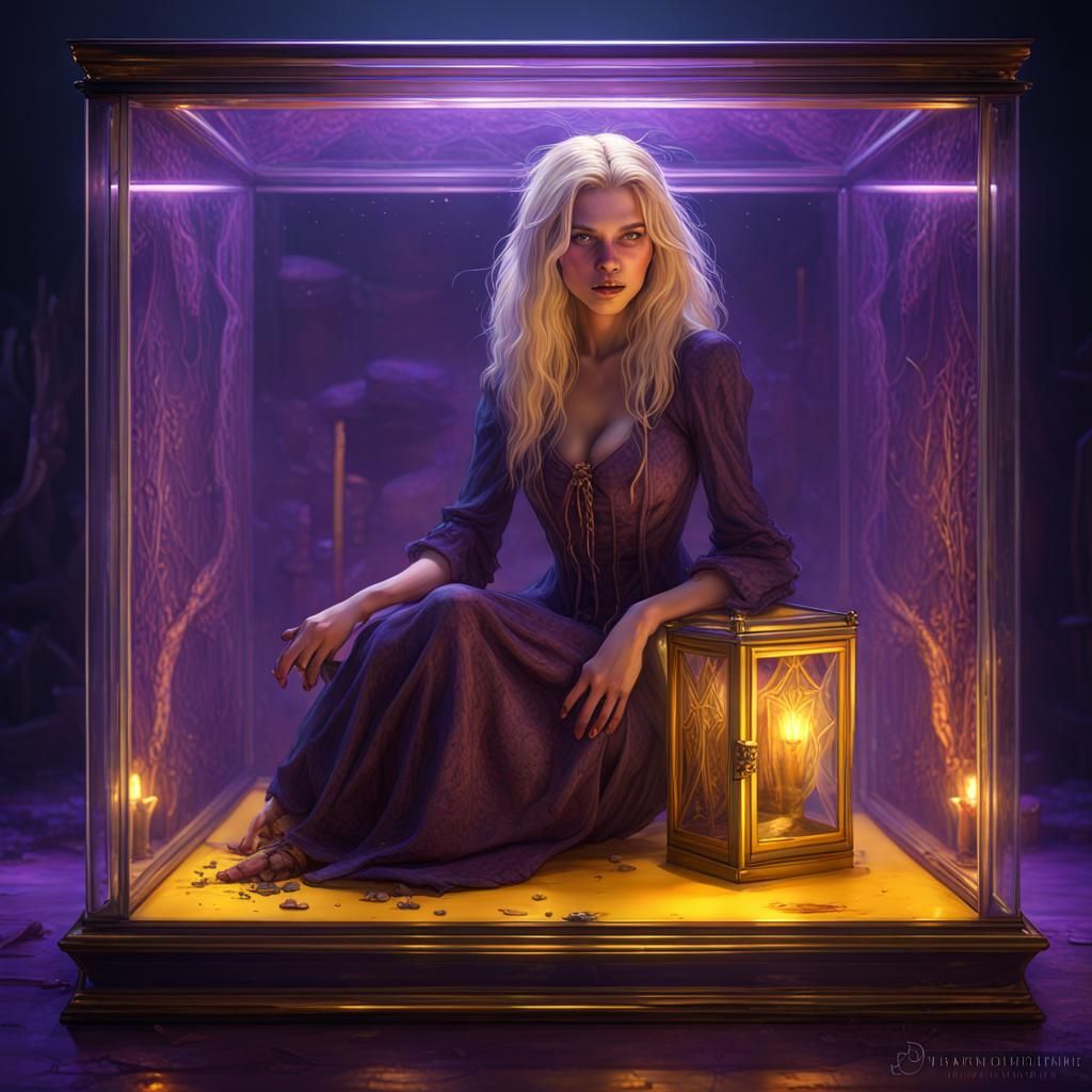 Teen Witch in Glass Box: Dark Fantasy Art