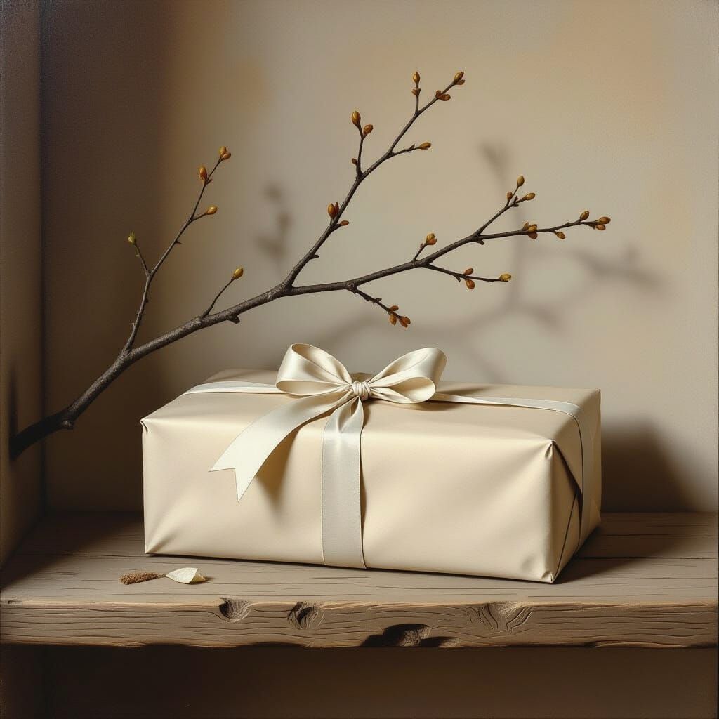 Elegant Package on Shelf with Branch, Rustic Style