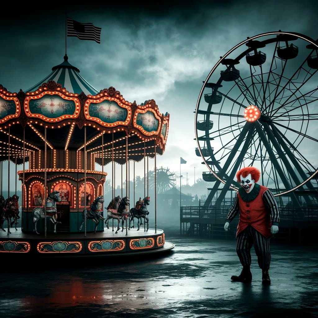 Eerie Funfair with Fierce Clown in Photorealistic Horror