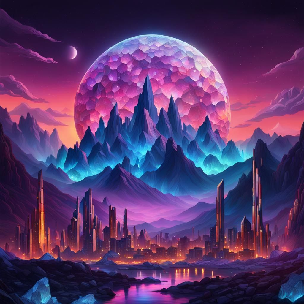 Crystal City Emerging Under Moon in Psychedelic Art