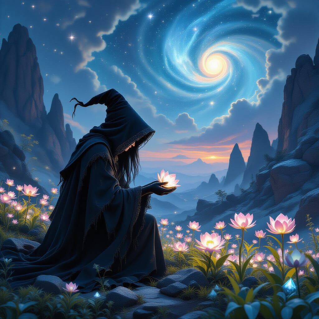 Celestial Witch Harvests Moonpetals: Ethereal Fantasy