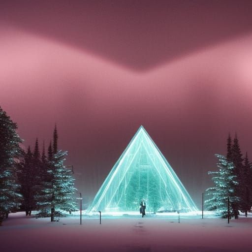 Futuristic Cyberpunk Pyramid in Snowy Forest