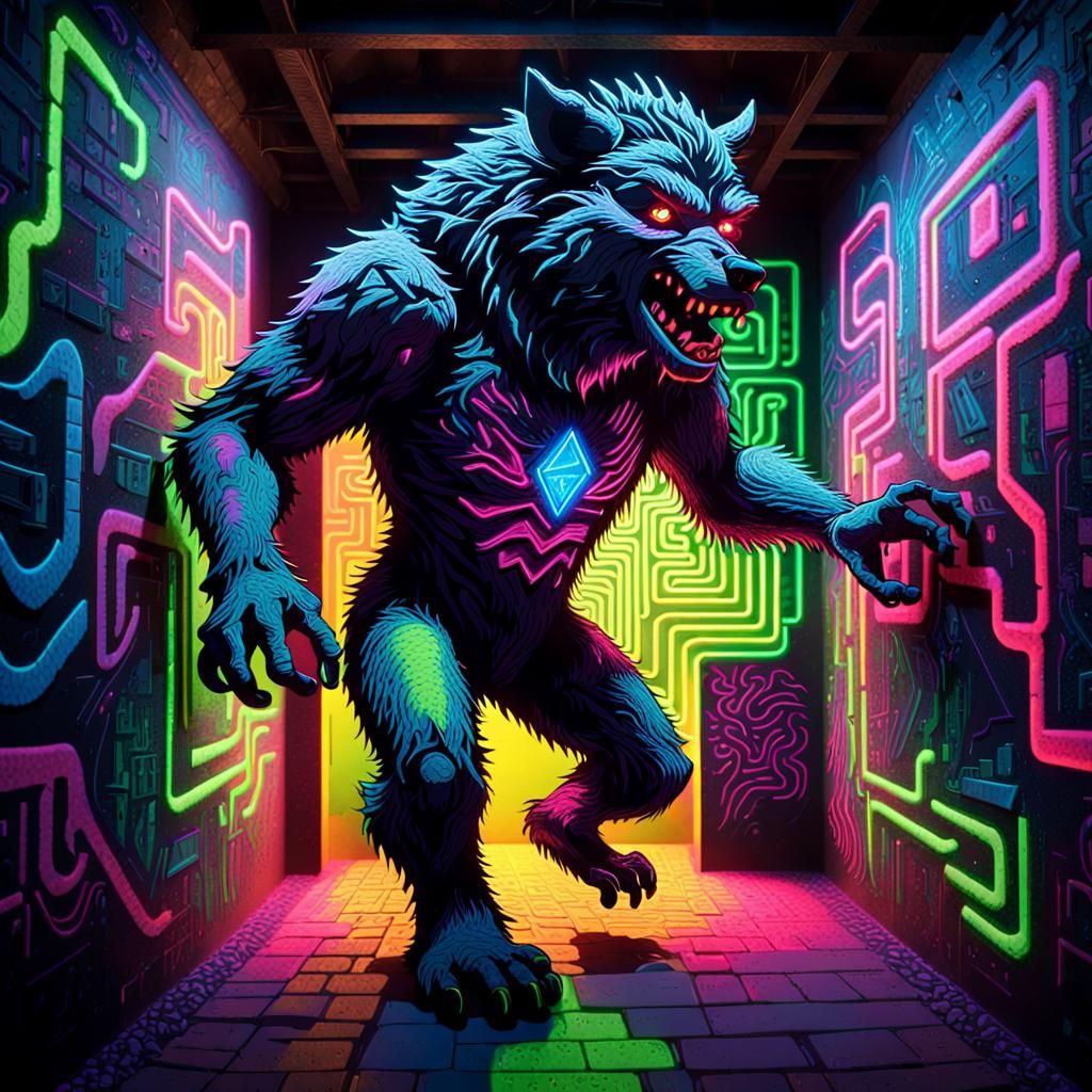 Neon Werewolf Android Trapped in Energy Maze