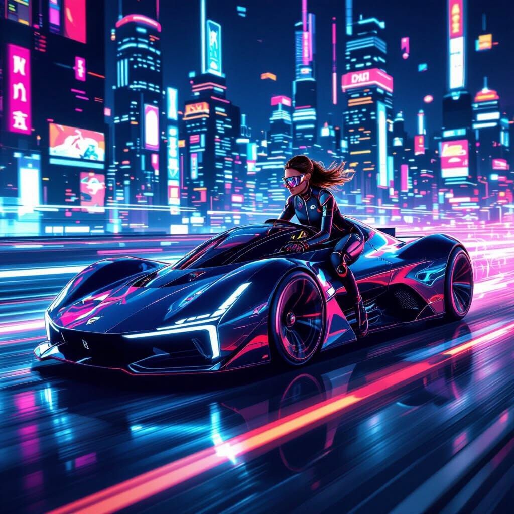 Futuristic Car with Human Wheels in Neon Cityscape