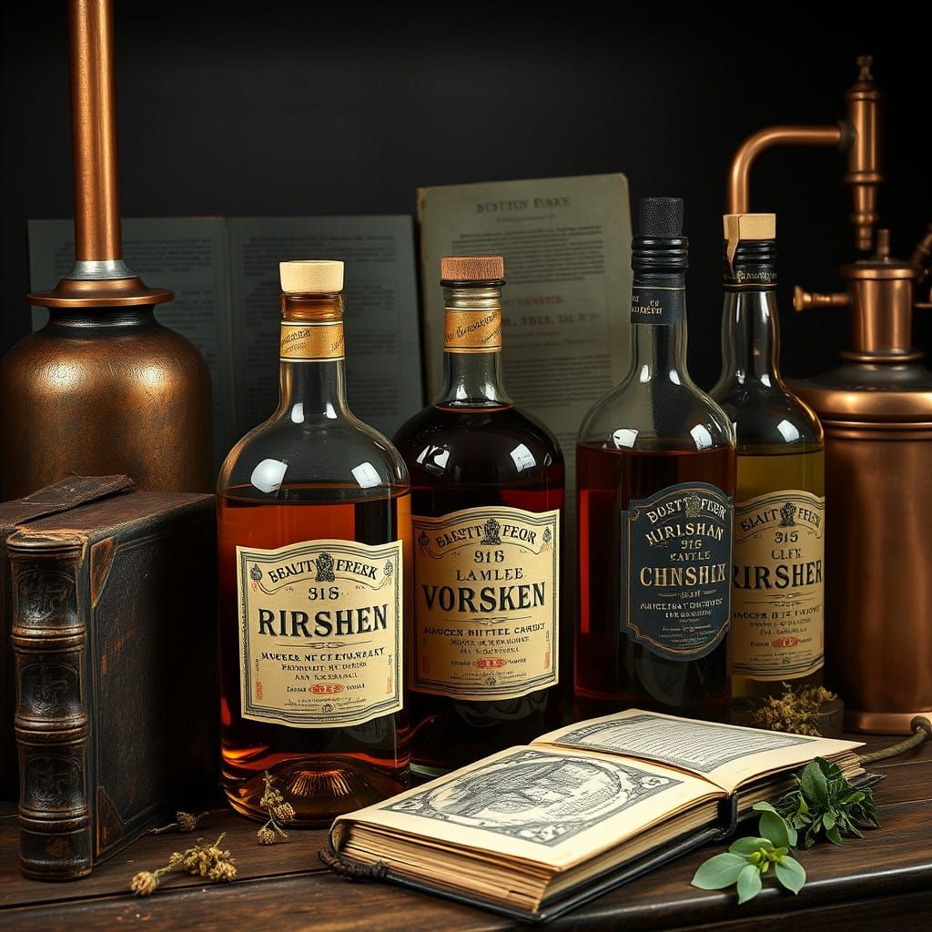 Vintage Apothecary Liquor Still Life in Muted Colors