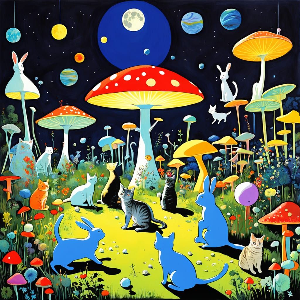 Cosmic Whimsy Landscape under Phosphorescent Moonlight