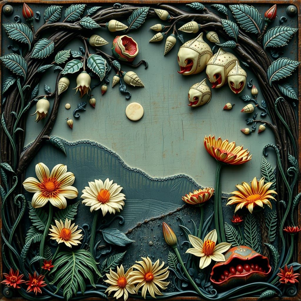 Carnivorous flowers Eldritch Foggy Distressed jungle Landscape  Enamel relief Olga Kvasha tim Burton