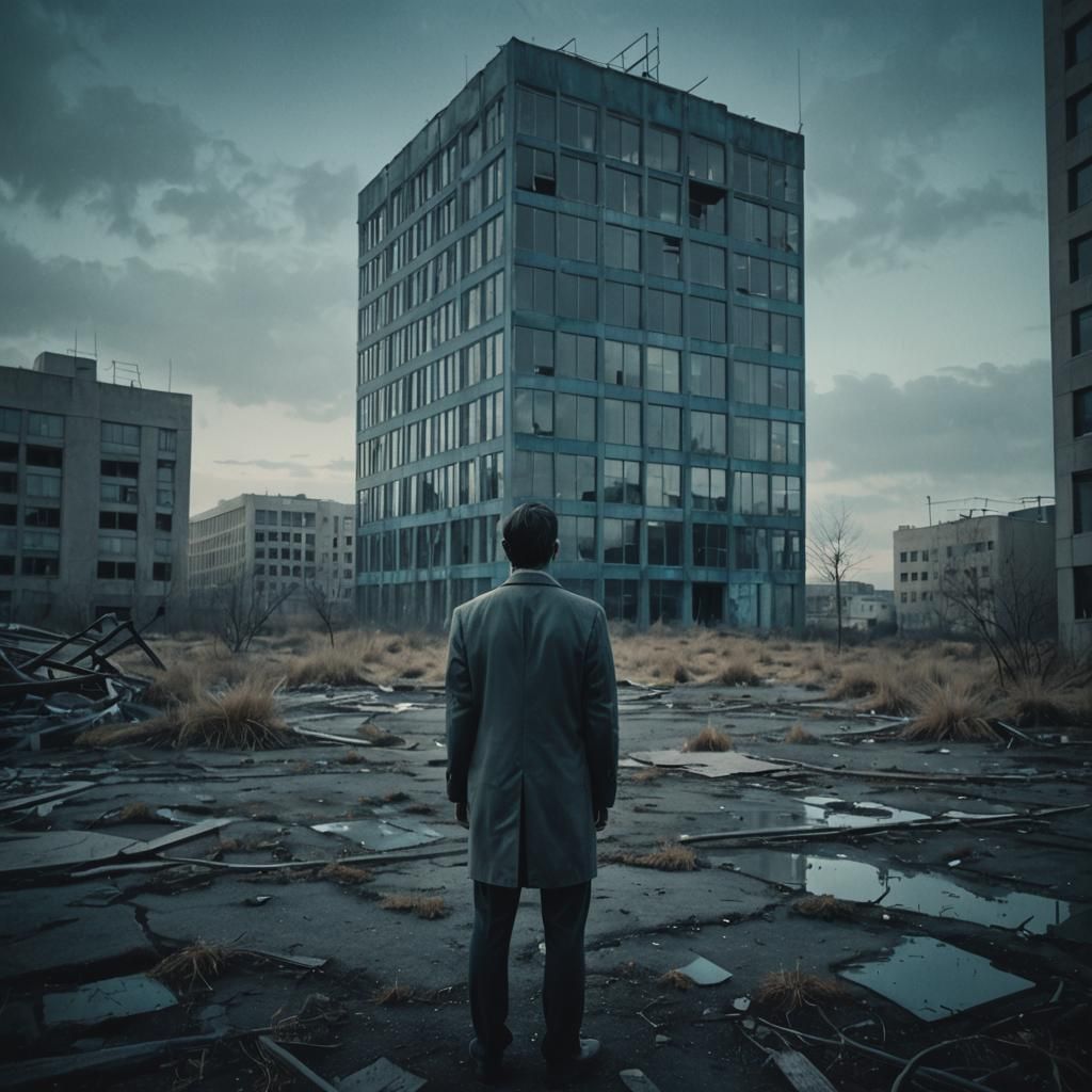 Surreal Double Exposure: Man and Desolate Office