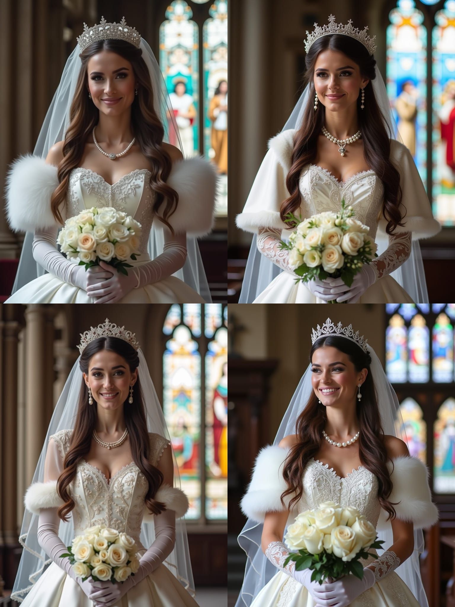 Bride in White Satin Wedding Dress and Veil