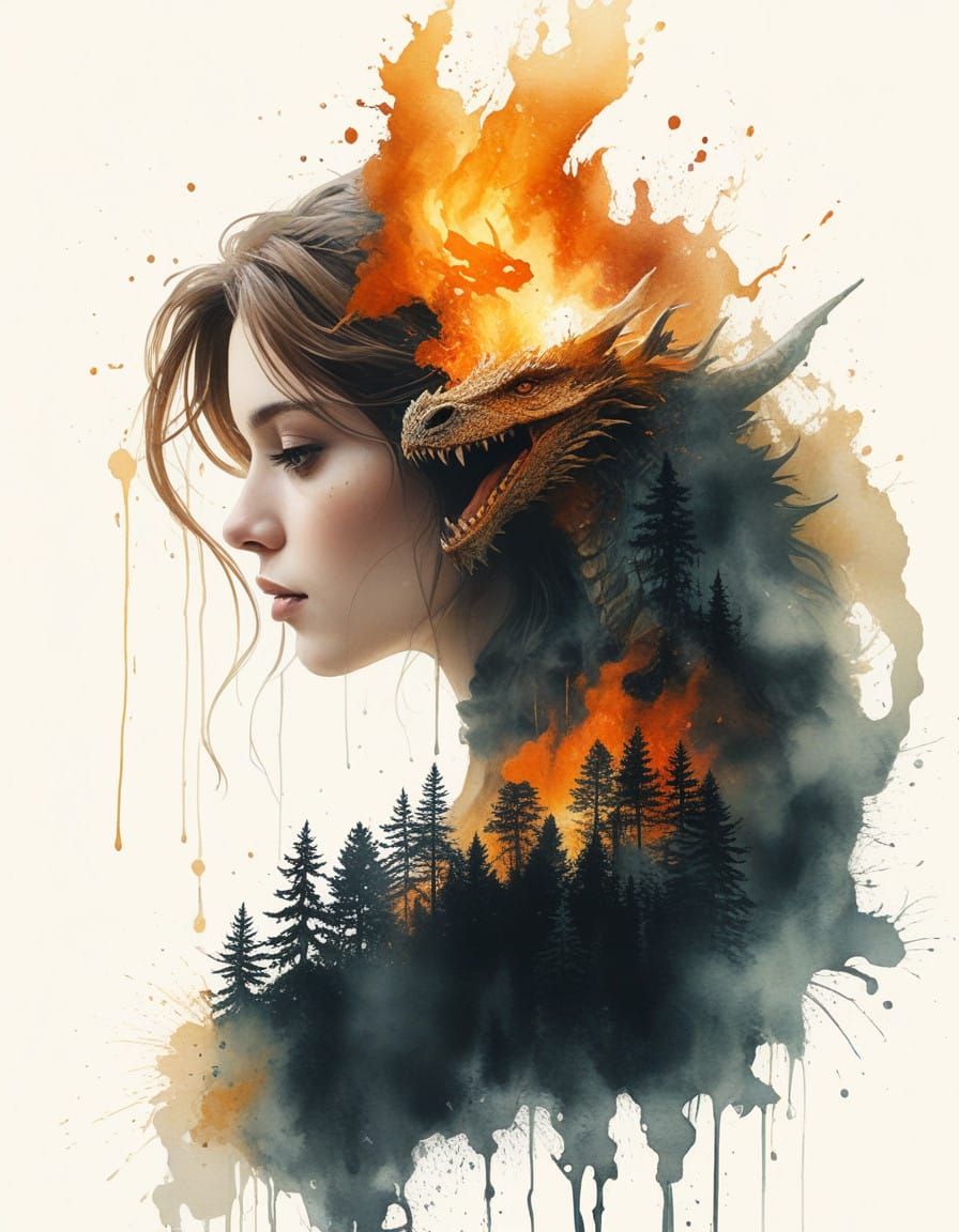 Golden Princess Confronts Fiery Dragon in Surreal Watercolor