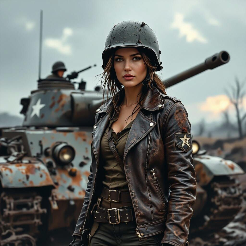 Female Tank Commander in War-Torn Landscape in Noir Style