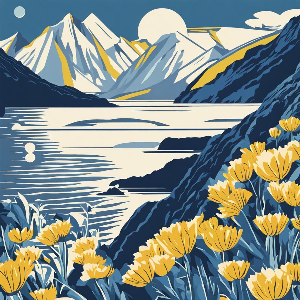 Vibrant Art Deco Woodcut Poster of Fiord Cliffs and Coastal ...