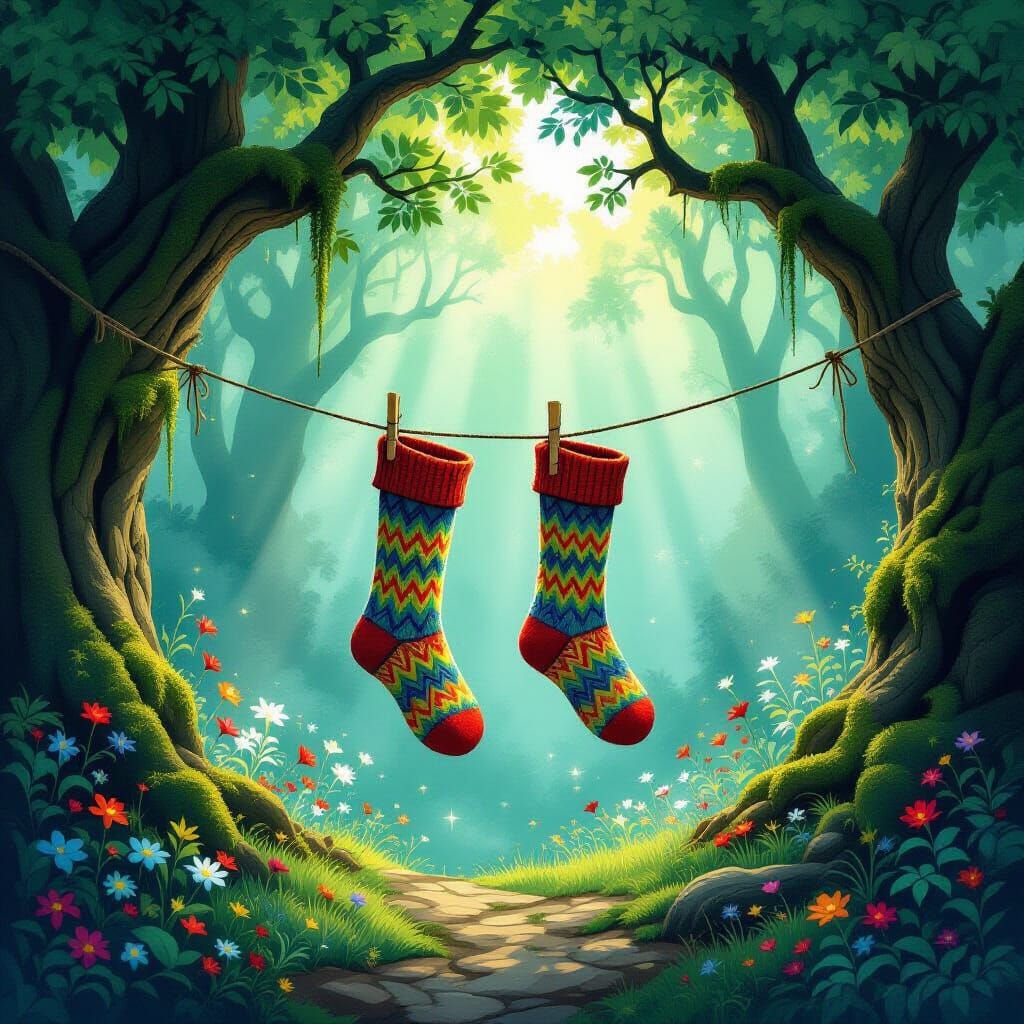 Enchanted Forest Socks on Clothesline with Ethereal Light