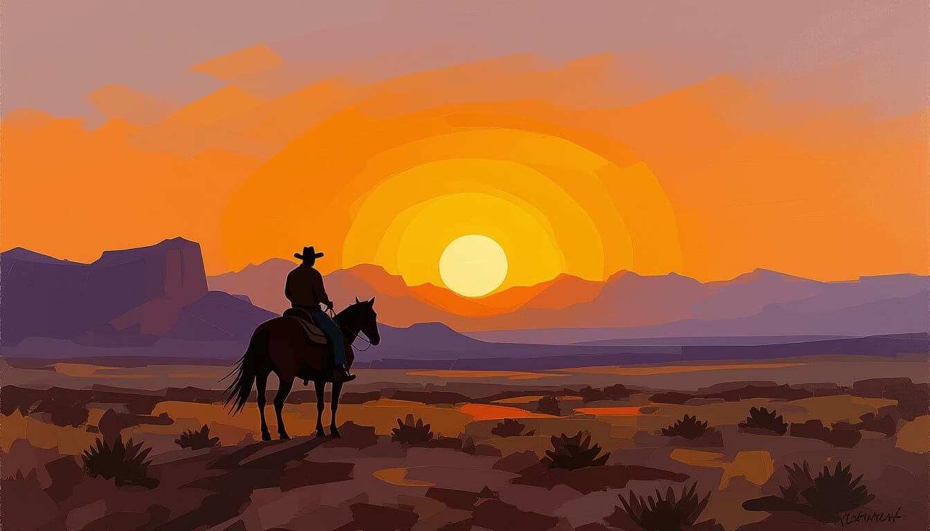 Cowboy Silhouette at Sunset Oil Painting