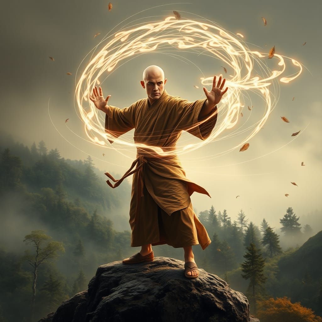 Youthful Monk Channels Wind Energy in Digital Art