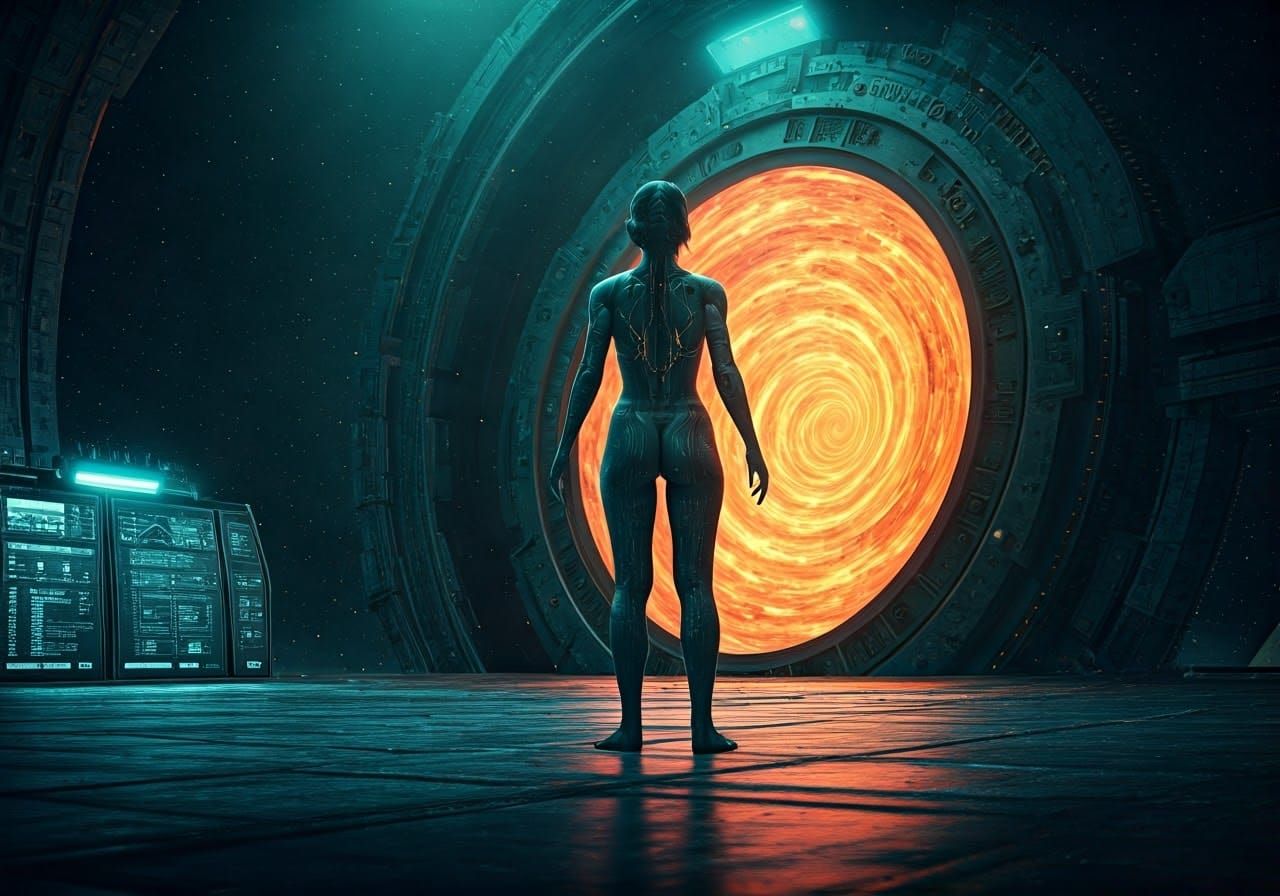 Android Woman in Laboratory with Cosmic Portal