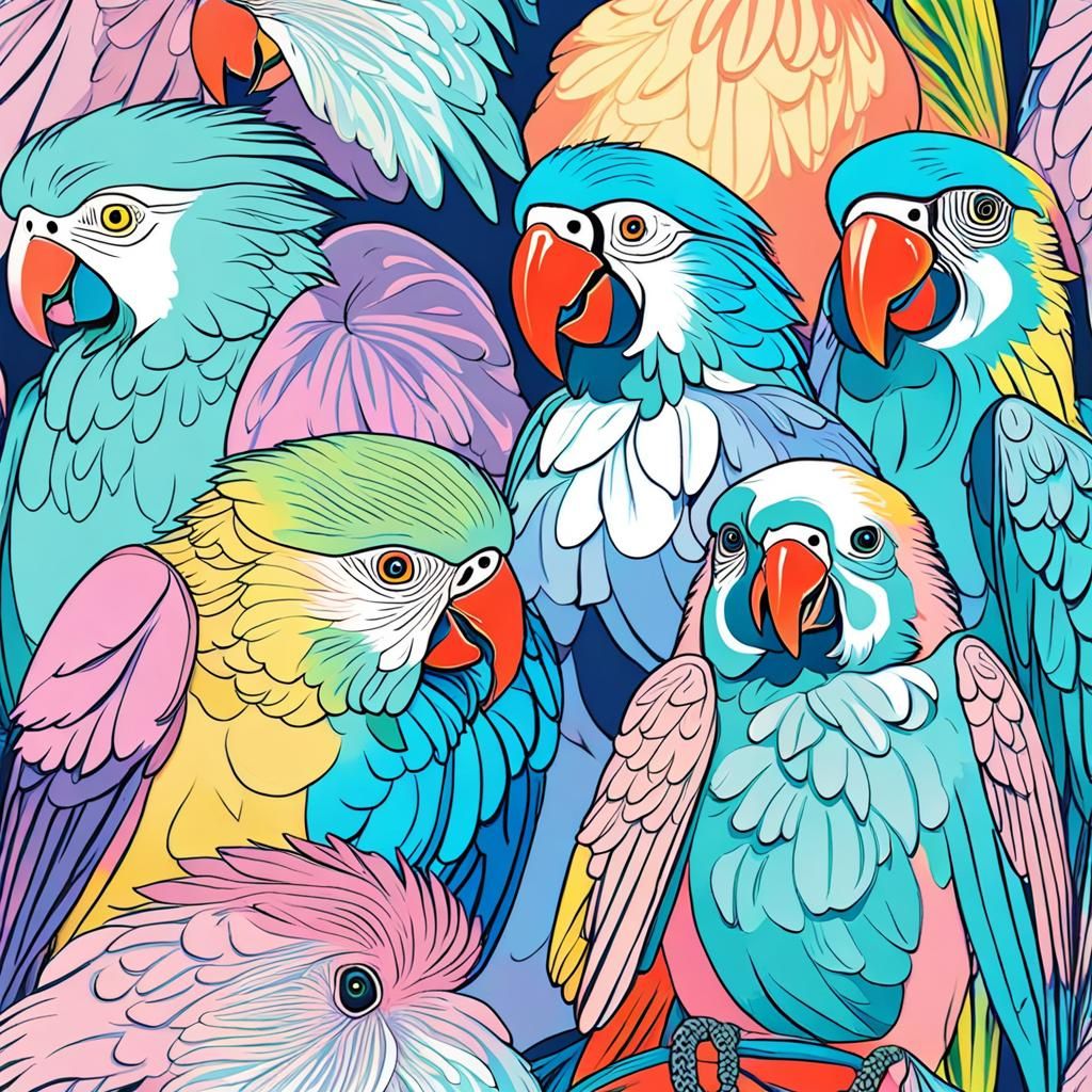 Parrots Party in Cubist Style with Pastel Colors
