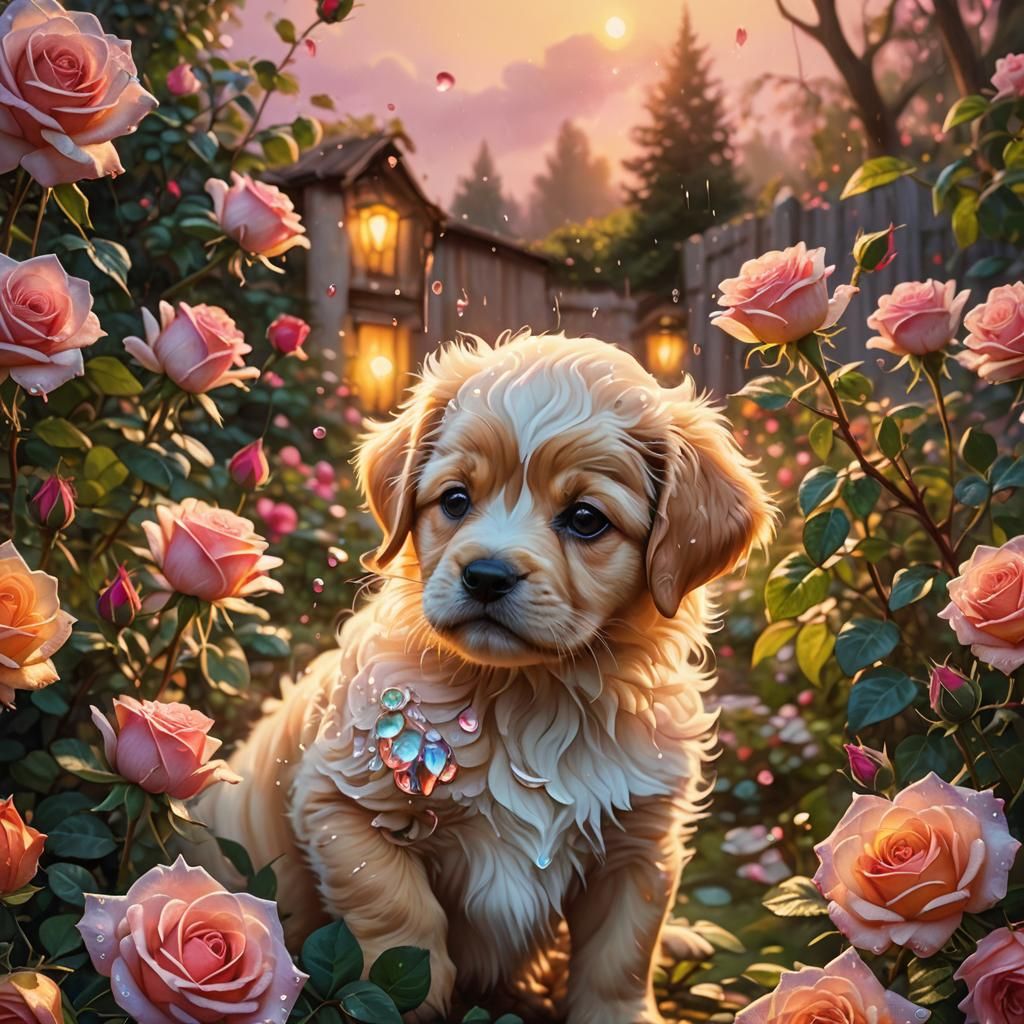 Rose Sunset Unfolding in Lush Garden: Oil Painting