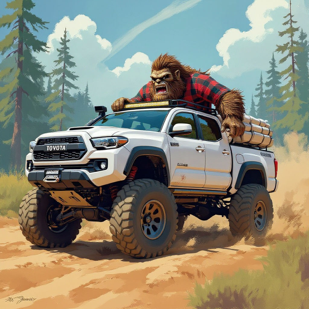 Toyota Tacoma Wheelie with Sasquatch, Digital Art