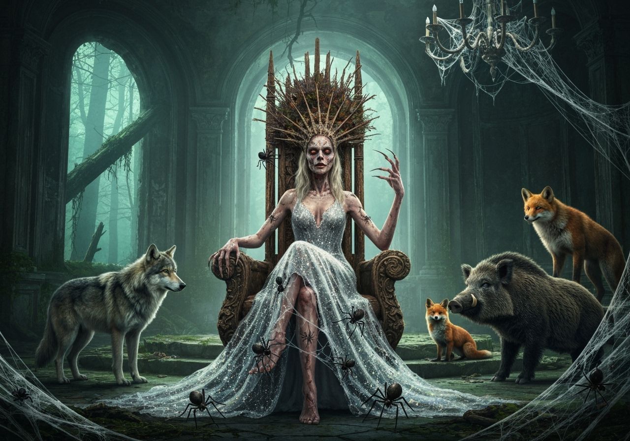Undead Queen in Ruined Palace with Forest Animals