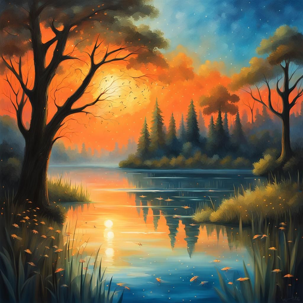 Serene Lake at Sunset in Dreamy Oil Painting Style