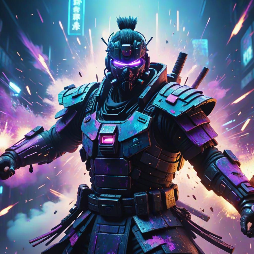 Cyberpunk Shogun Explosion with Ultraviolet Shards