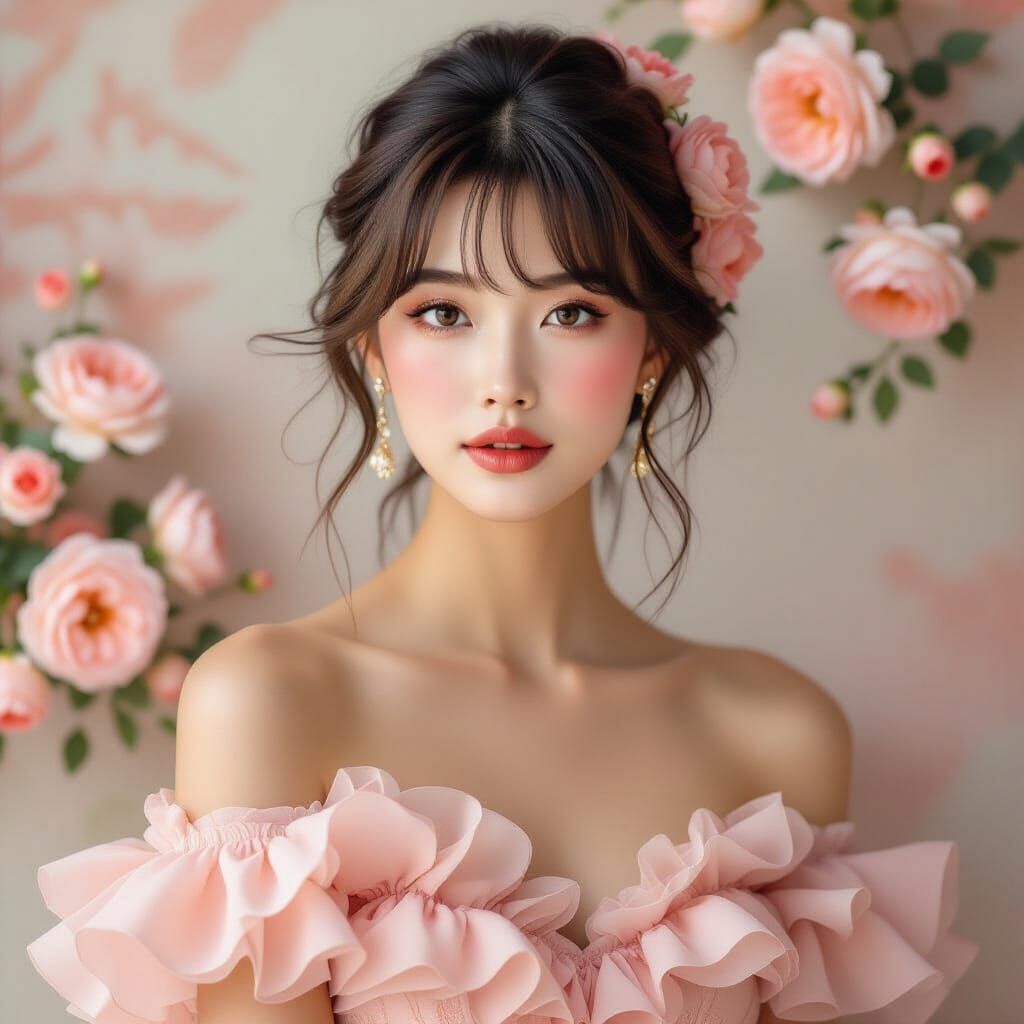 Dreamy Romantic Woman with Roses in Fairytale Style