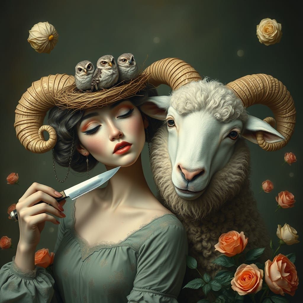 Surreal Sheep and Woman Shaving Bird Beard