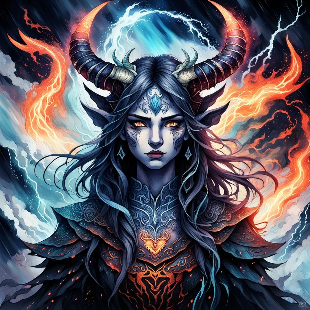 Demonic Woman Portrait with Elemental Forces in Anime Style