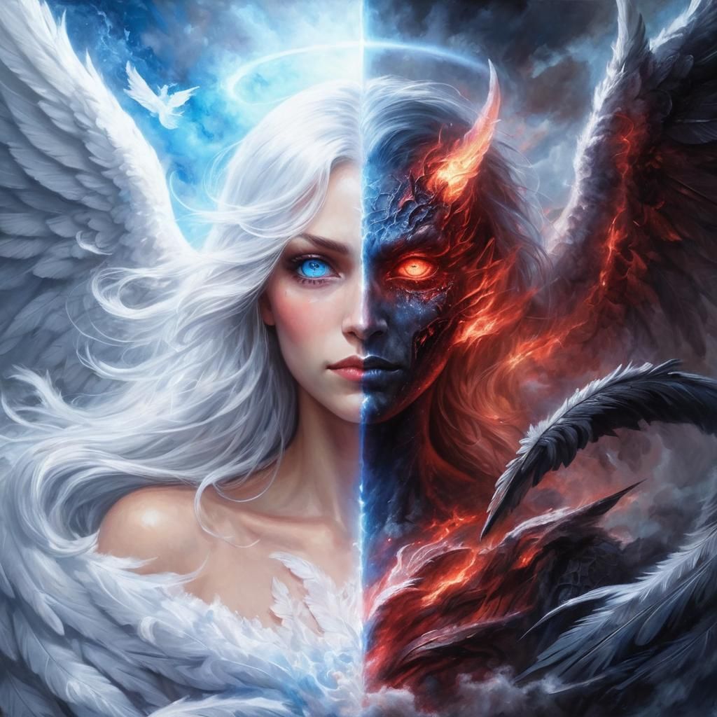A stunningly detailed half-angel, half-demon portrait, with ...