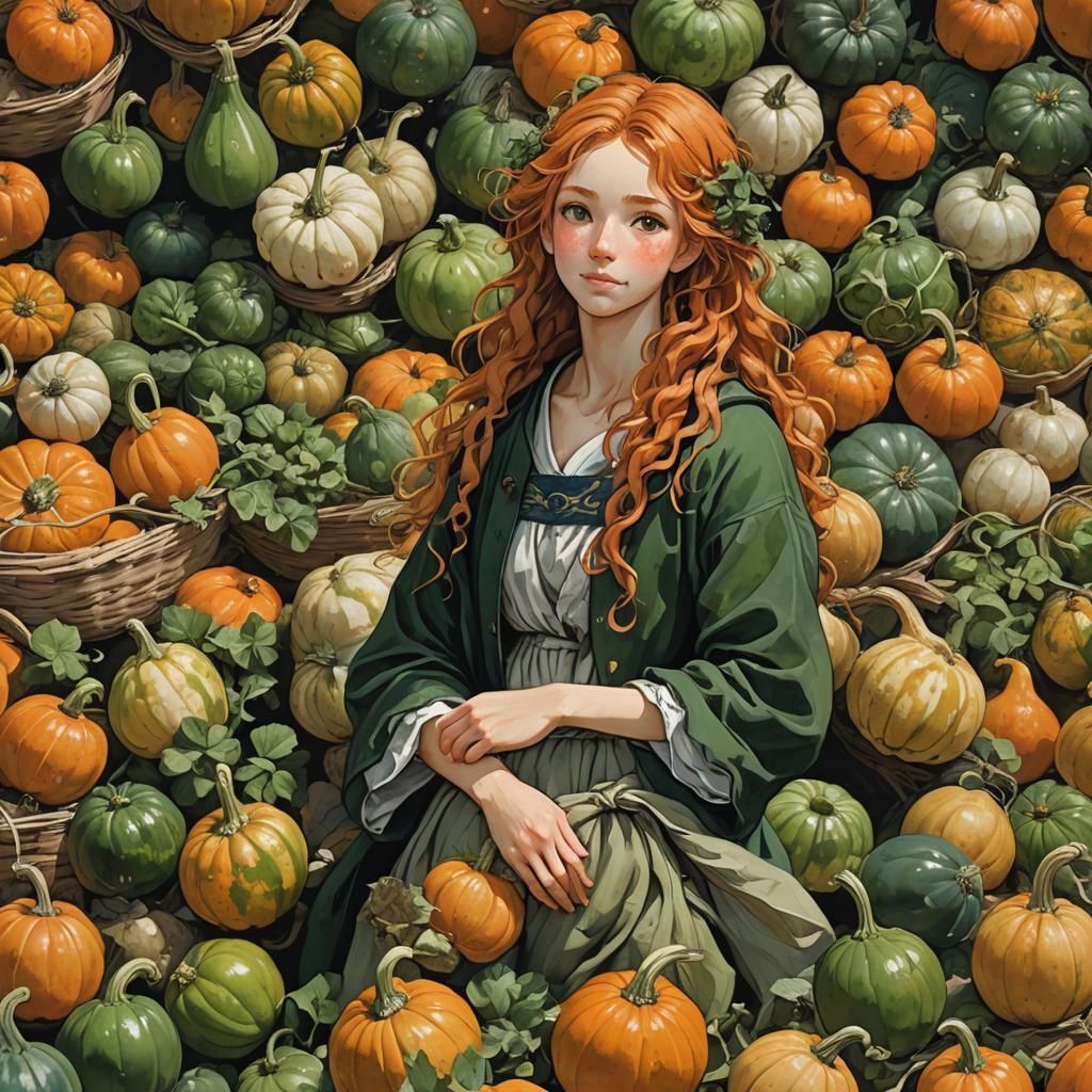 Smiling Woman with Gourds in Painterly Style