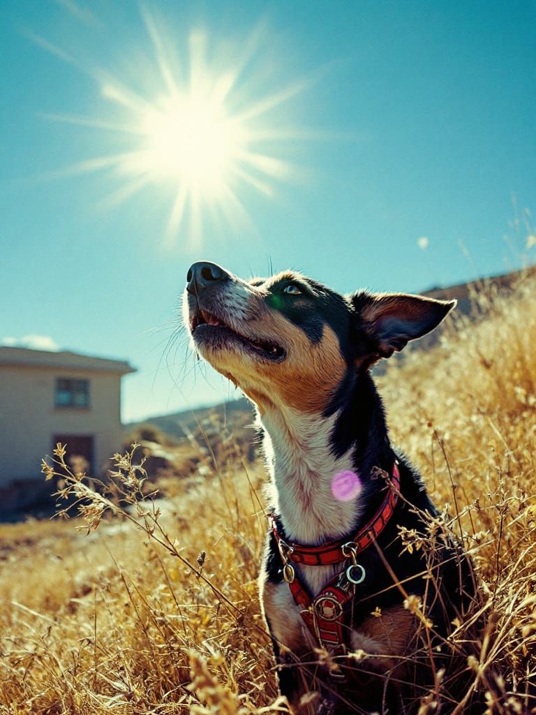 Dog in Sun Amidst Golden Weeds, Graphic Photography Style