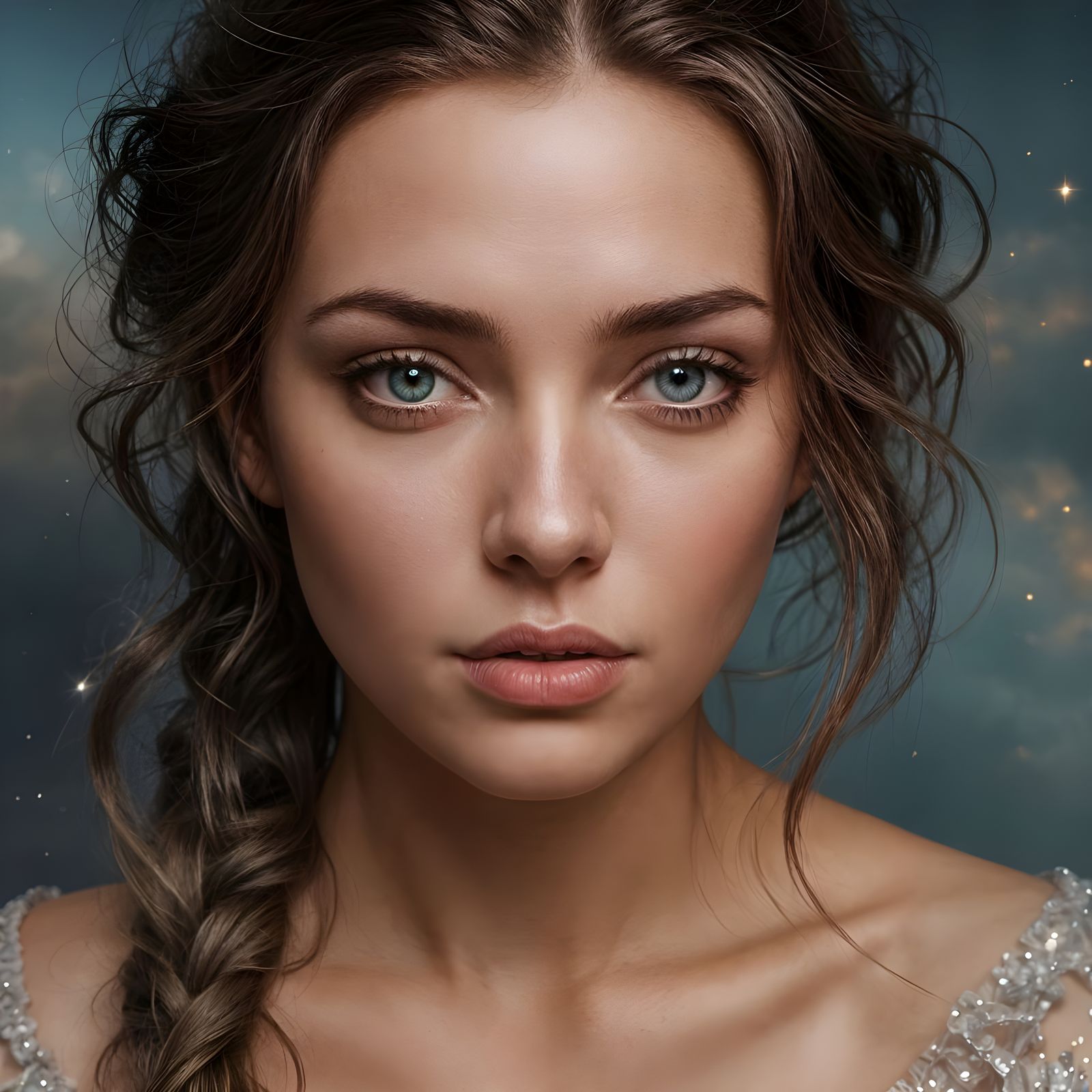 Dreamlike Woman with Rose Hair and Starry Sky