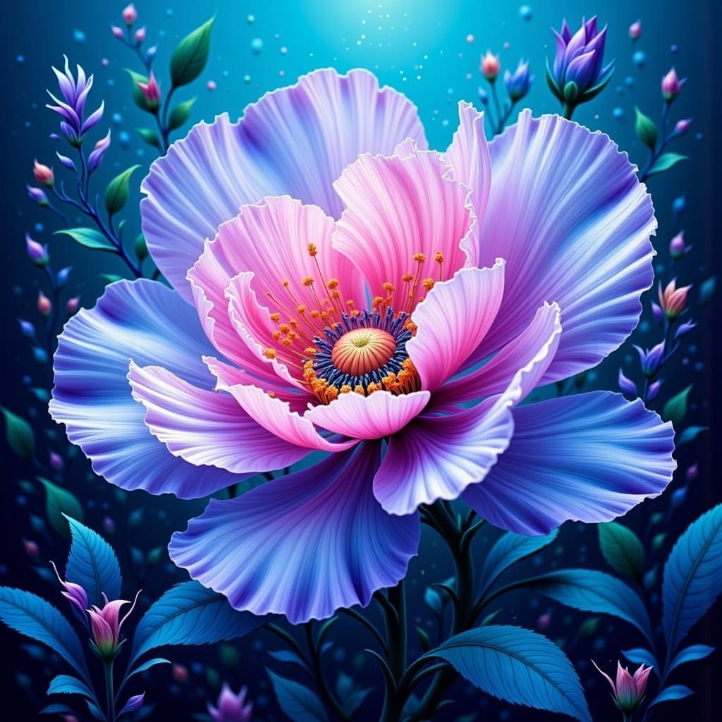 Dreamlike Pink Flower on Surreal Blue Background