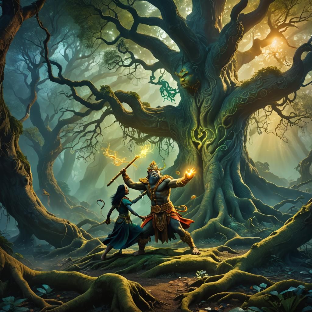 Hanuman's Forest Battle: A Vibrant Matte Painting